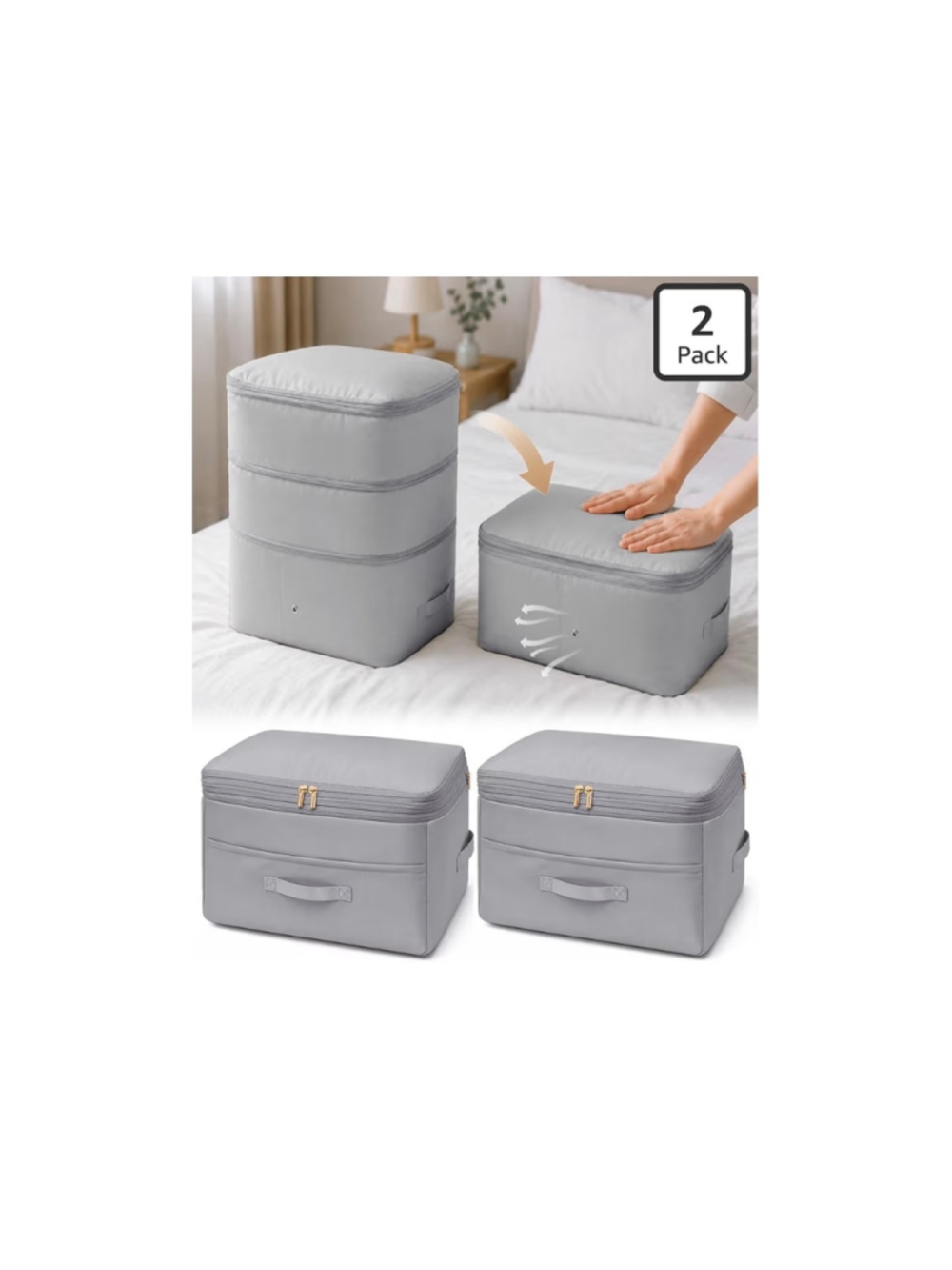 NEW Ultra Space Saving Self Compression Organizer 2 Pk Double Zipper Storage XL